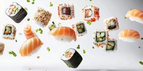Floating sushi pieces suspended in the air.