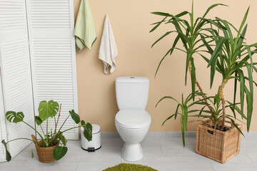 Interior of restroom with toilet bowl and palm plants in wicker baskets