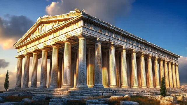 Ancient architectural marvel, a stunning visual tour of a greek temple bathed in golden sunlight