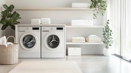 Bright and Minimalist Laundry Room Design Featuring Spacious Clarity and Natural Daylight, Crafted with Generative AI Technology