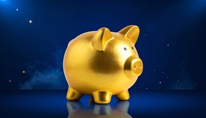 Golden piggy bank on reflective blue surface with glowing particles