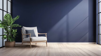 Cozy Armchair in a Bright Room Against a Dark Blue Wall