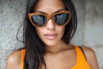 Fototapeta premium Young asian female with sunglasses and orange top against stone wall