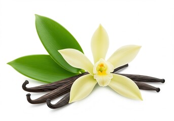 Vanilla flower with pods and leaves on white background, isolated