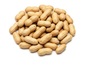 A pile of peanuts in their shells on a white surface