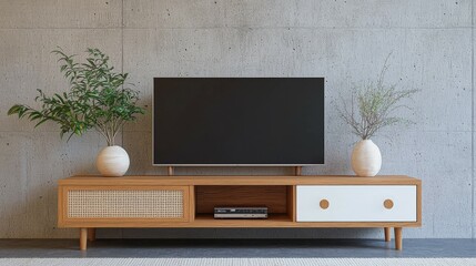 Elegant TV Cabinet Mockup in Modern Living Room Interior Against Dark Concrete Wall