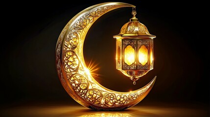 Illuminated Golden Moon with Intricate Islamic Lantern Cutout Design