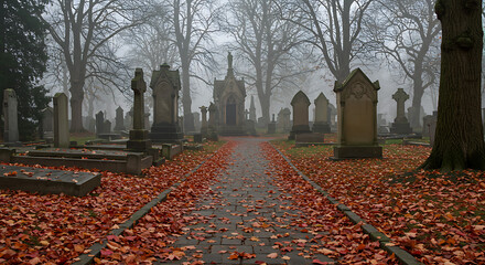 Autumnal Cemetery Path Stone Monuments and Fallen Leaves