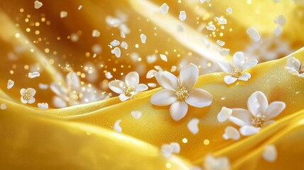 Ethereal yellow silk fabric delicately floating amidst petals. 