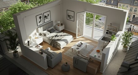 Elegant living space with balcony and contemporary design aesthetics creating comfort