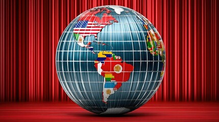 A globe with country flags displayed on continents stands against a background of red vertical curtains.
