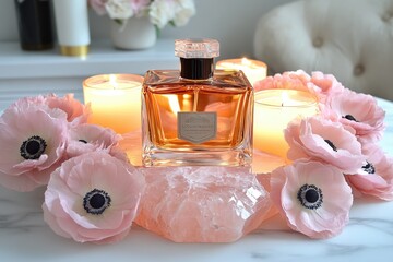 Elegant perfume display with pink flowers and crystals.