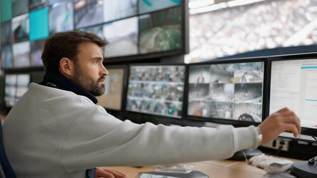 A security personnel monitoring a control station filled with screens displaying realtime facialrecognition data and stadium entry statistics emphasizing the technology behind the scenes.
