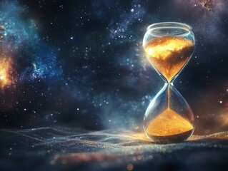 Hourglass with golden sand against space background