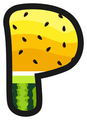 Cartoon alphabet letter P in yellow watermelon style with rind and seeds. Great for summer, kids themes, fruity designs, and fun food projects. Transparent background PNG.
