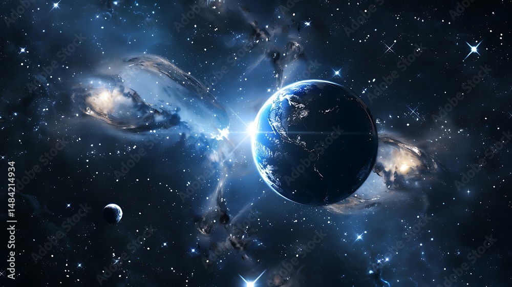 Canvas Prints blue planet surrounded by stars and nebulae in the dark outer space background