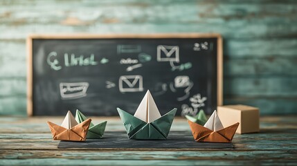 Three origami boats on slate with email process chalkboard