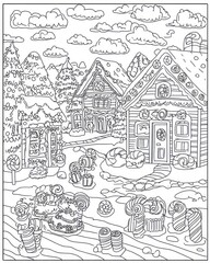 Winter gingerbread houses. Snowy landscape with decorated gingerbread houses