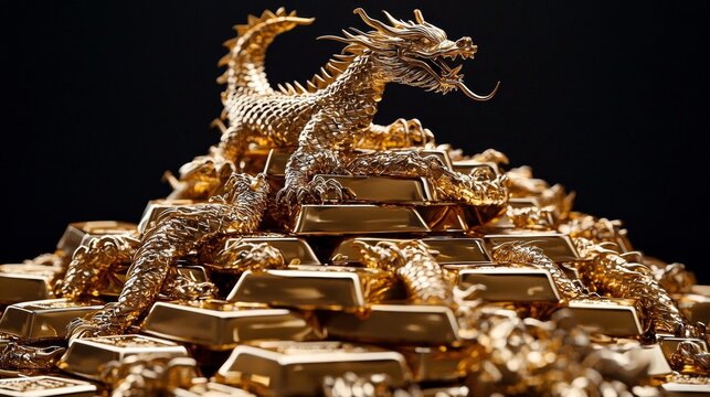 A captivating display of gold bars accented with ornate golden dragons.
