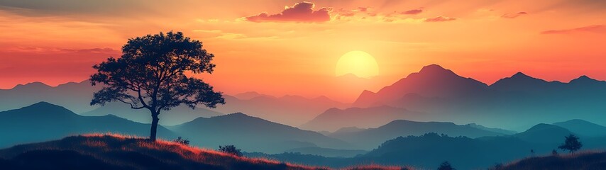 Obraz premium Sunrise over mountains with lone tree
