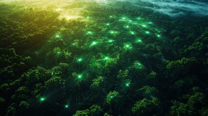 Stunning Aerial View of Lush Summer Forest at Dawn Illuminated by Dynamic Tech Communication Lines - AI-Generated Artwork