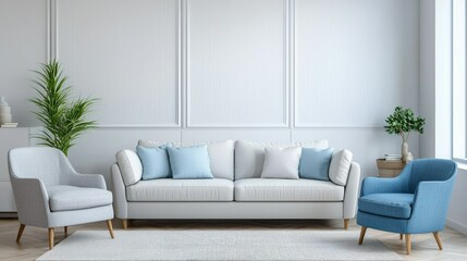 Stylish Living Room with White Plaster Walls Featuring a Cozy Sofa and Elegant Armchair