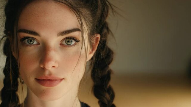 Close Up Portrait of a Young Woman with Green Eyes Brown Braided Hair and Fair Skin in Neutral Studio Lighting and a Blurred Background