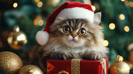 Kitten in santa hat with christmas gift
