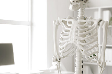 Human skeleton model in light hospital, closeup