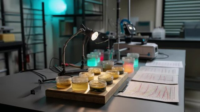 An experiment setup displaying bioluminescent algae samples arranged on a lab table illuminated by different colored spectrometer lights with graphs and data sheets documenting their