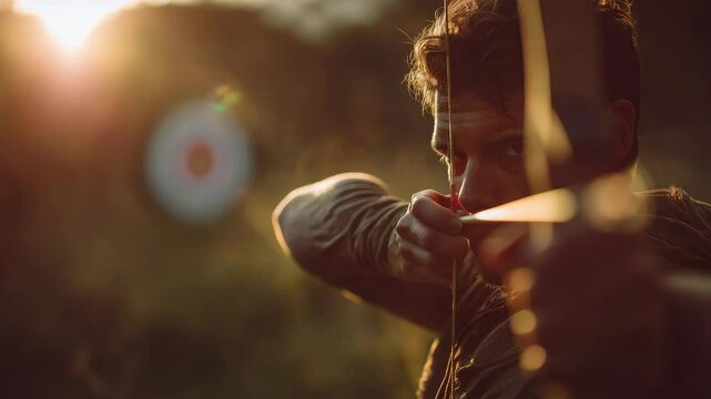 Man Aiming Bow and Arrow at Target Outdoors in Golden Sunlight During Training for a Sporting Competition Under a Summer Sun
