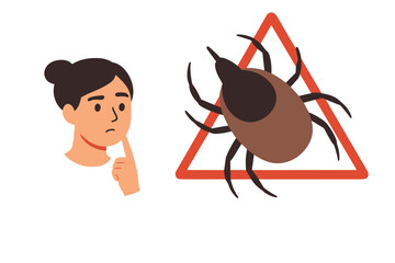 Flat icon of worried woman and warning sign with tick insect, health alert vector illustration – disease prevention concept