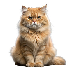 Obraz premium A fluffy golden tabby cat with a flat face and grumpy expression is sitting upright.