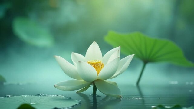 Water flows, smoke floats in, lotus flowers, blurred green leaf background and lake