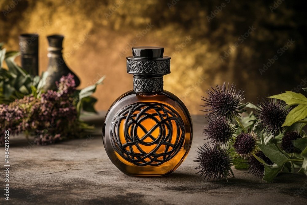 Poster A round perfume bottle with intricate design on a rustic surface.