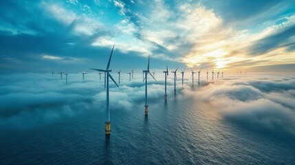 Clean energy solutions are exemplified by these offshore wind turbines harnessing natural resources.