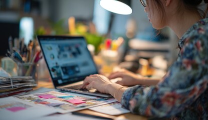 Fototapeta premium Woman working on a laptop at a cluttered desk.