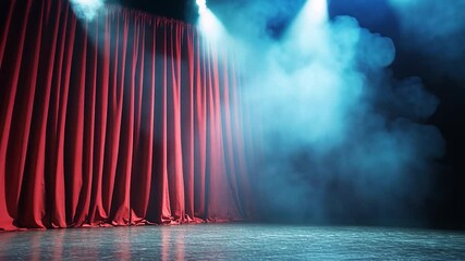 Theatrical stage with red curtain fog and dramatic lighting for performance or entertainment background - Powered by Adobe