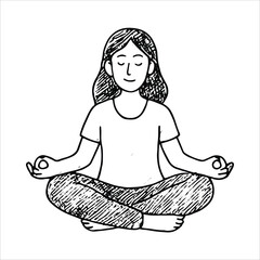 A black-and-white sketch of a woman meditating in a lotus pose, symbolizing mindfulness and relaxation, perfect for wellness and yoga-themed designs