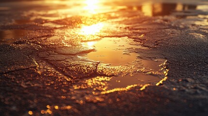 Sun-reflecting puddle on cracked asphalt, warm evening glow