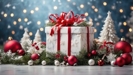 *Elegant Christmas Gift Border with Festive Decorations and Snowy Pine on Marble Background*