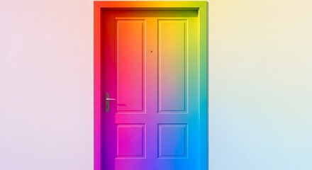 A vividly colored rainbow door against a clean white wall, showcasing a modern design.