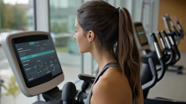 A user interacts with a touchscreen panel on a cardio machine seamlessly syncing their workout data to the cloud for personalized resistance adjustments during their session.