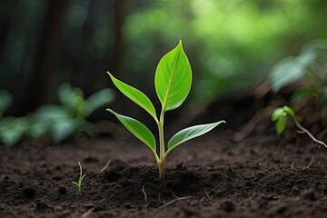 Fototapeta premium Young Green Plant Sprouting from Soil in Nature