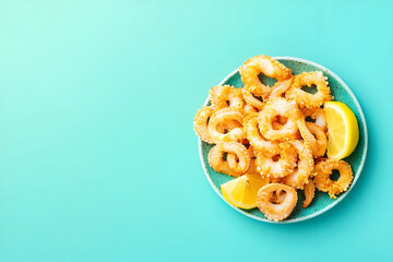 Crispy fried squid rings on a teal plate.