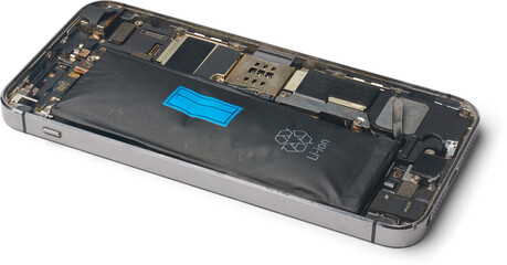 disassembled smartphone with dead and swollen lithium-ion battery isolated white background, back...