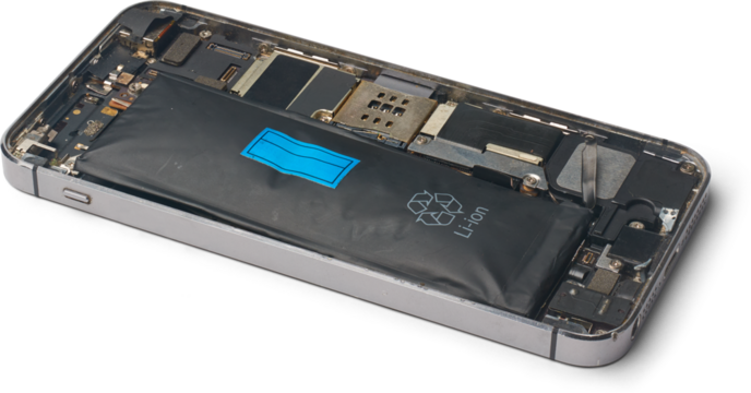 disassembled smartphone with dead and swollen lithium-ion battery isolated white background, back casing has been removed and reveals internal components