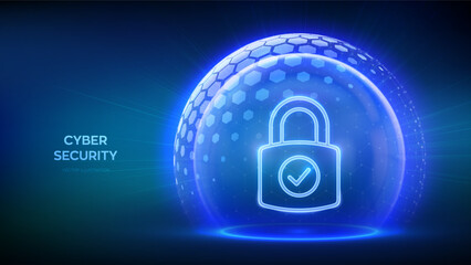 Cyber security. Data protection concept. Network safety. Information privacy. Padlock with Check mark icon inside transparent sphere shield with hexagon pattern on blue background. Vector illustration