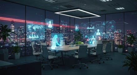 Fototapeta premium Modern Office Interior At Night With City View And Neon Tech Display
