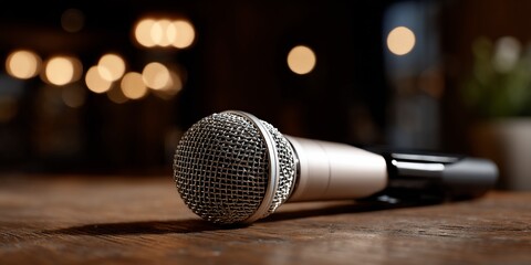 Obraz premium A microphone rests on a wooden surface, bathed in warm ambient light